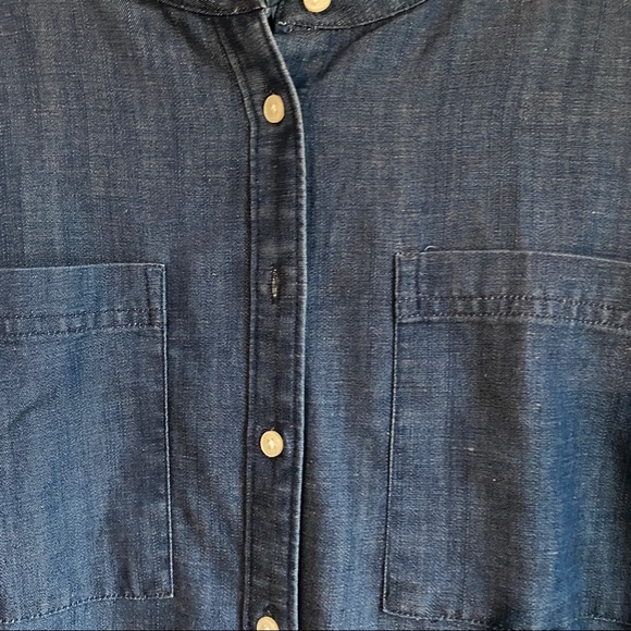 Loft Womens Denim Button Up Shirt Top Blue Ruffle Neck Long Sleeve Pockets - Picture 5 of 12